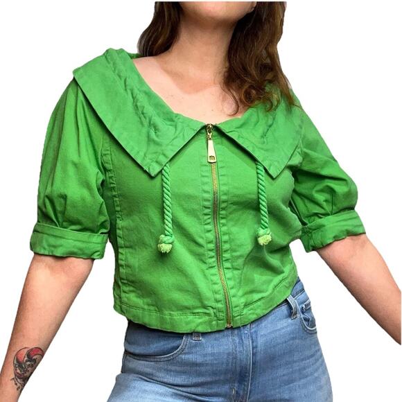 Y2K A.M.I Kelly Green Cropped Jacket Size M Wide Collar Drawstring Preppy Chic - Picture 1 of 7